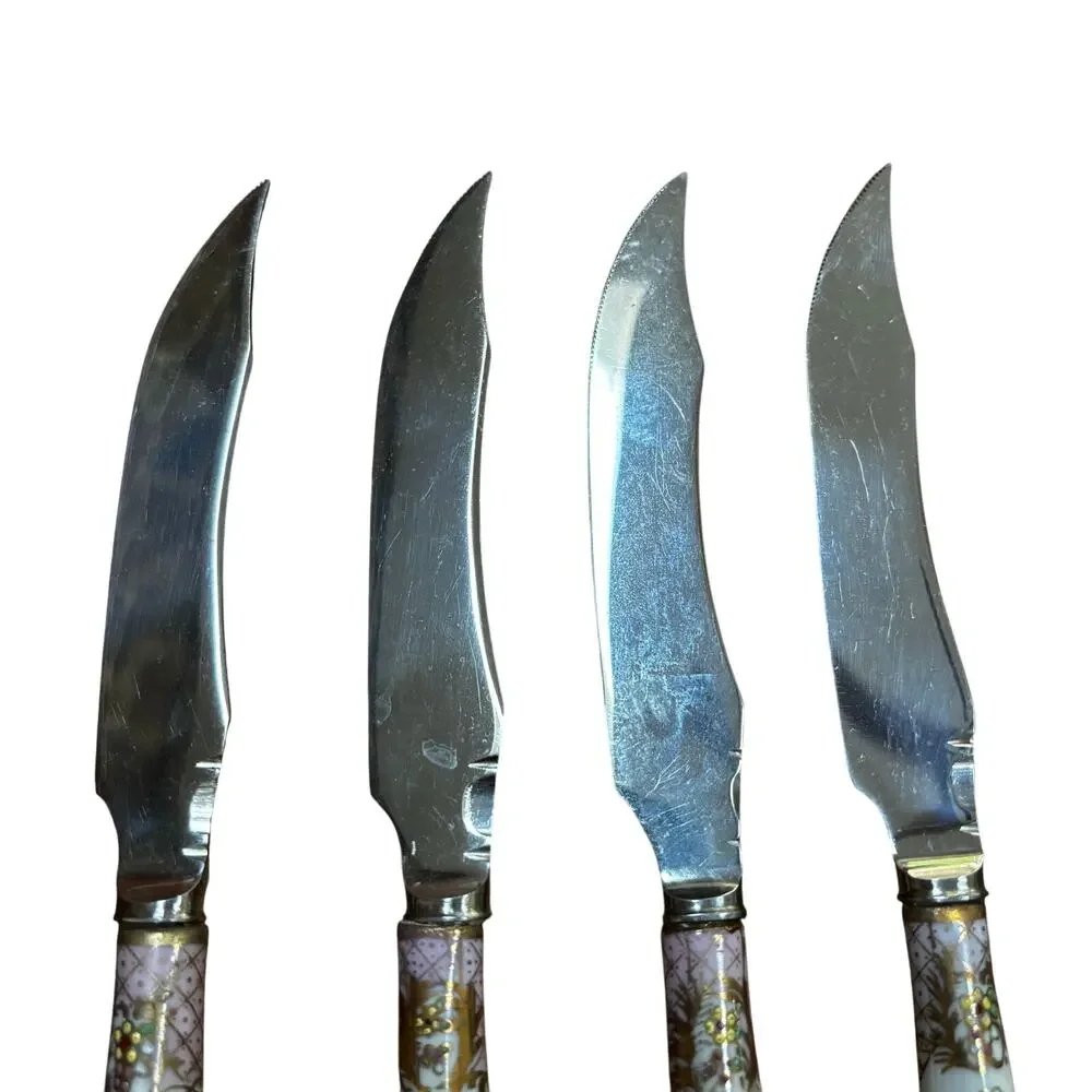 Vintage Hand Painted Pink Porcelain Handle Sheffield stainless steel knives (4)